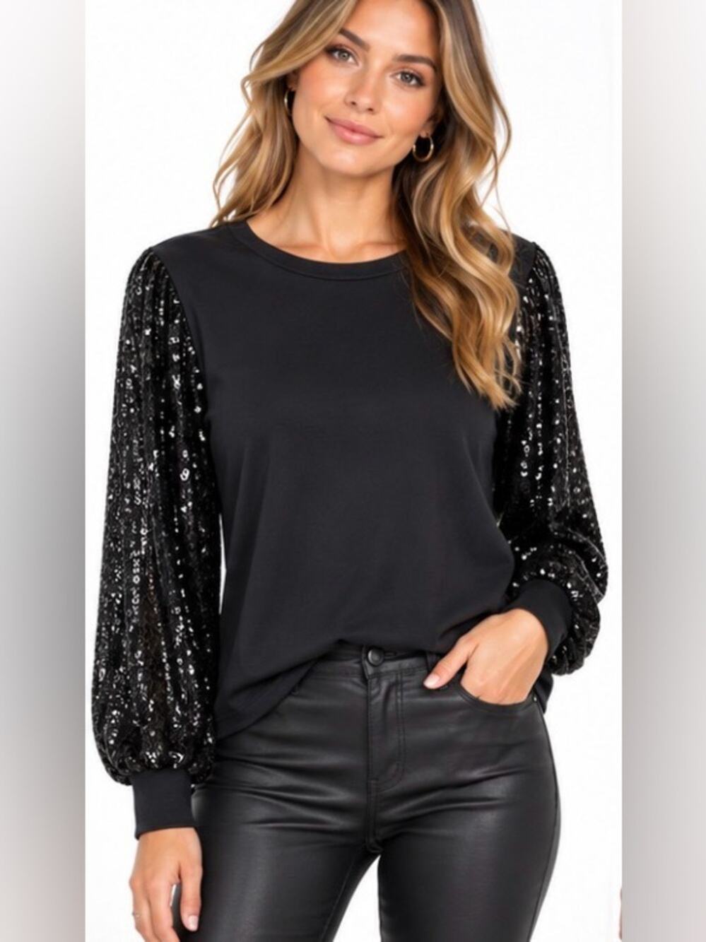 Black Sequin Sleeve Top Size Small Party Holiday NYE Date Night